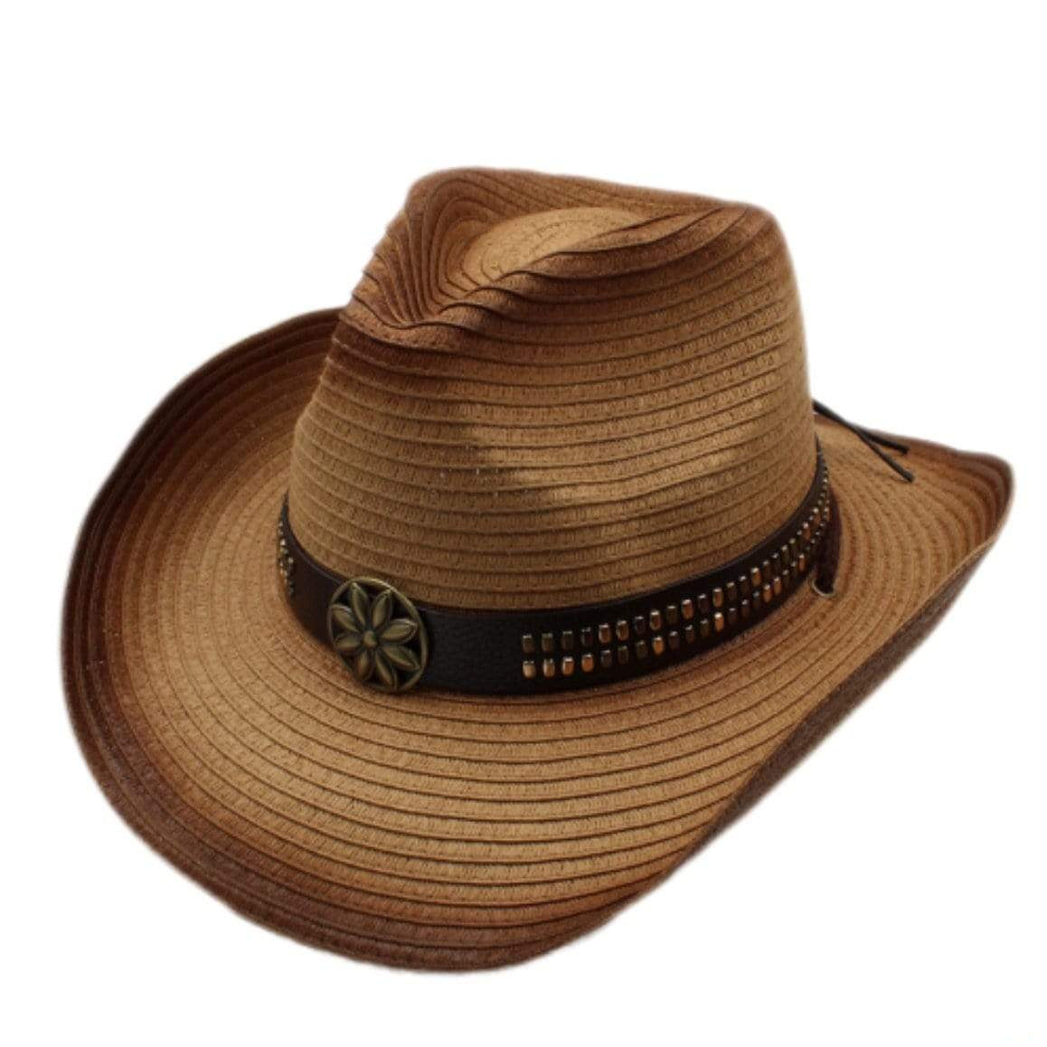 A brown straw cowboy hat with a dark brown studded band and decorative metal flower.