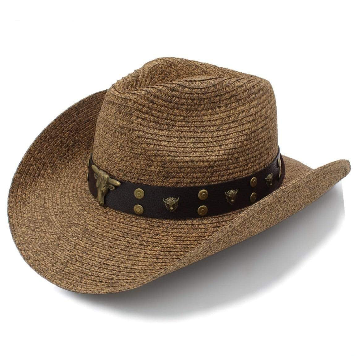 A brown straw cowboy hat with a dark leather band featuring metal bull head emblems and circular rivets.