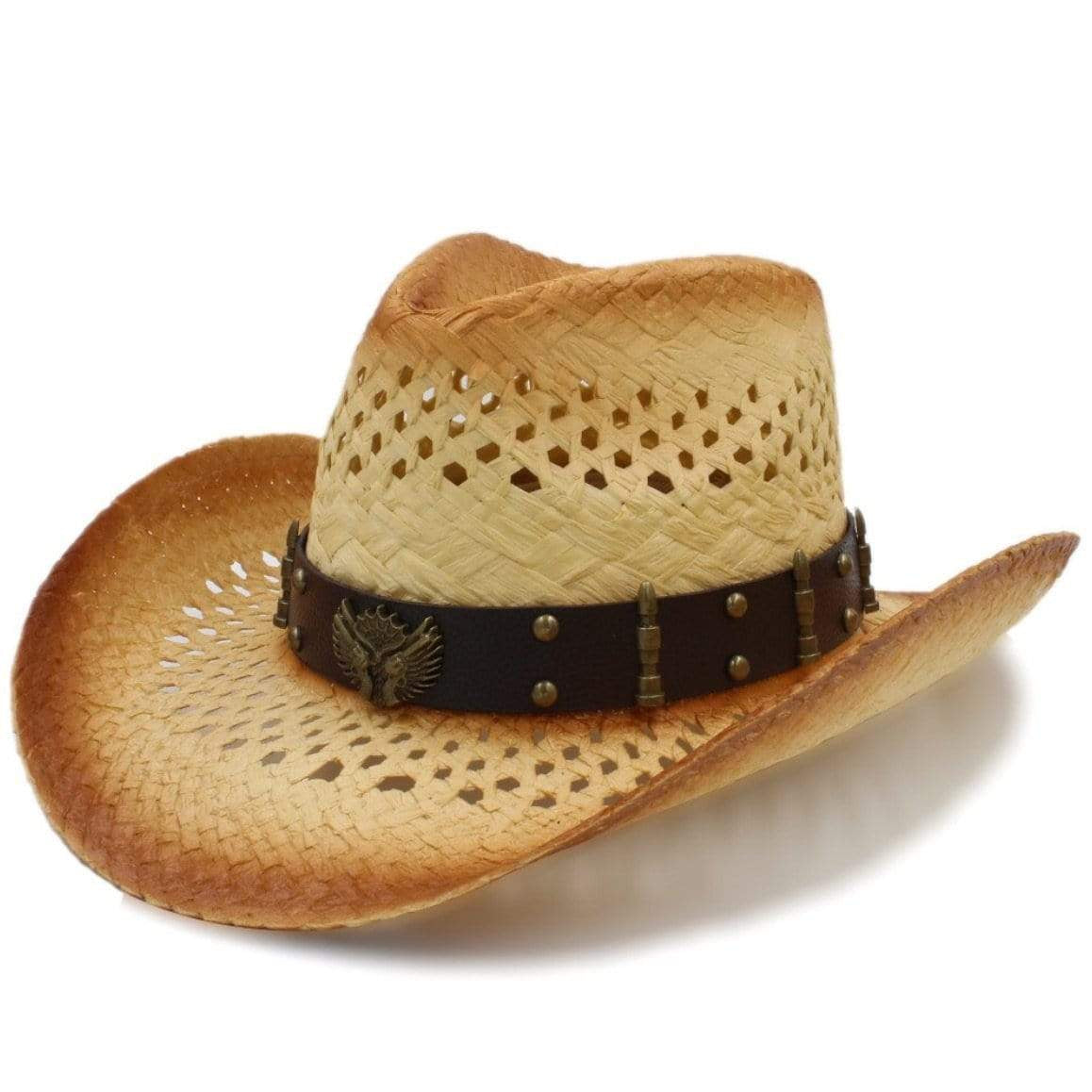 A straw cowboy hat with a leather band decorated with bullets and an eagle.