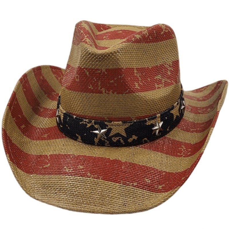 A straw cowboy hat with red stripes and a star-studded black band.