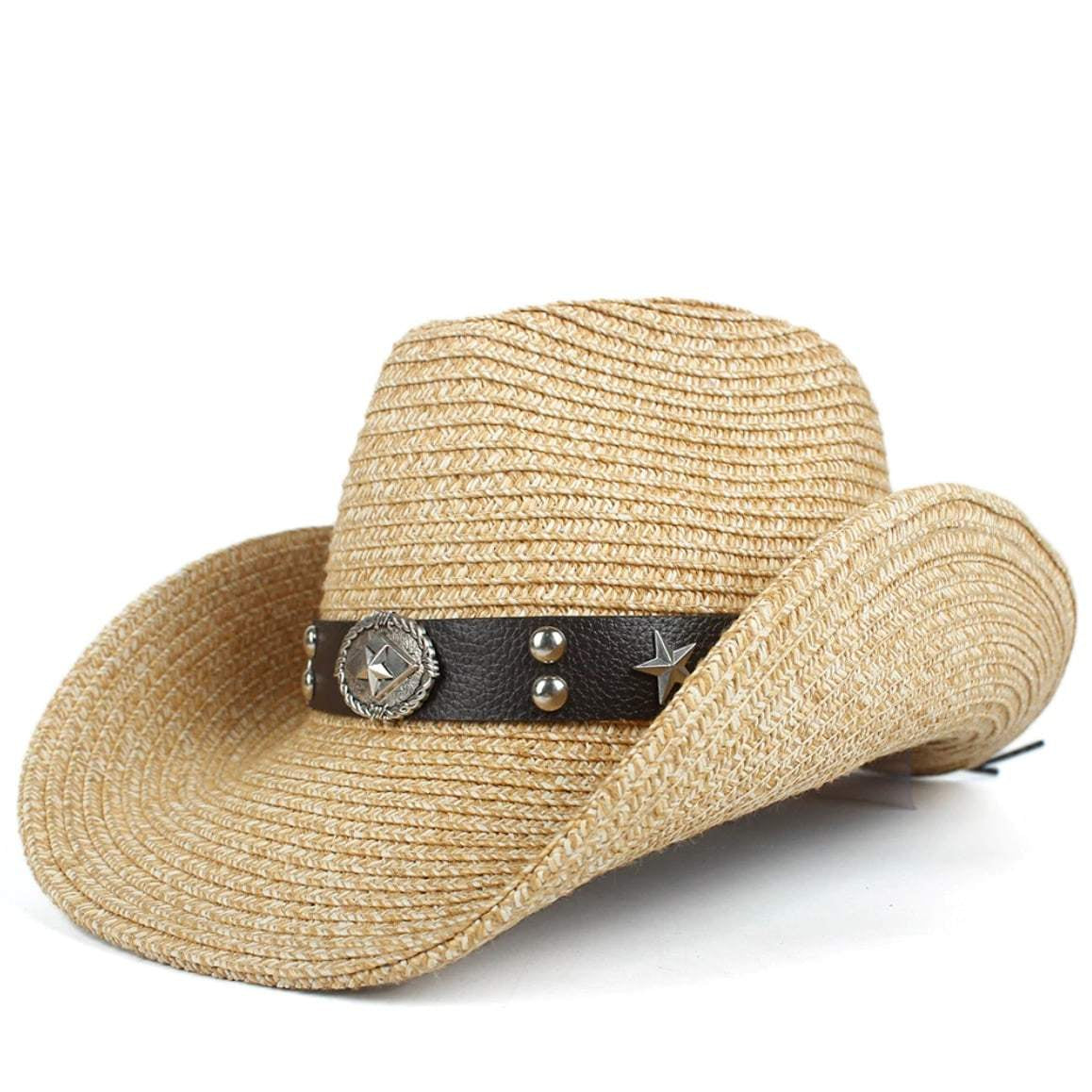 A tan straw cowboy hat with a black leather band and silver star and circular embellishments.