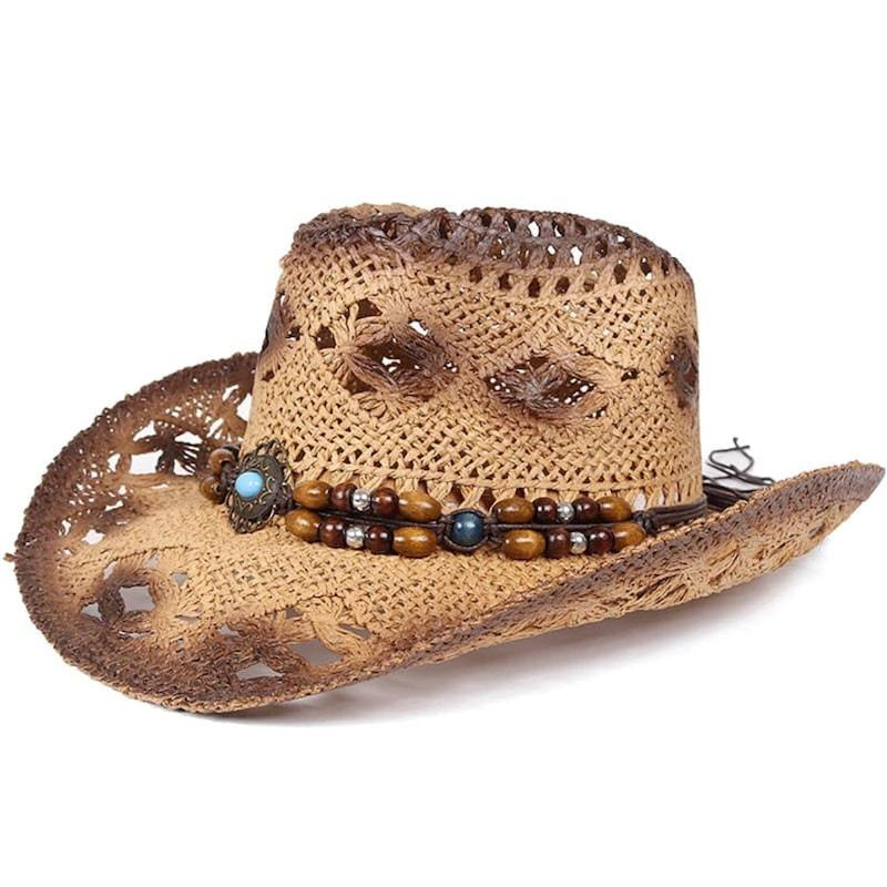A tan, straw cowboy hat with an embellished band of wooden and turquoise beads.