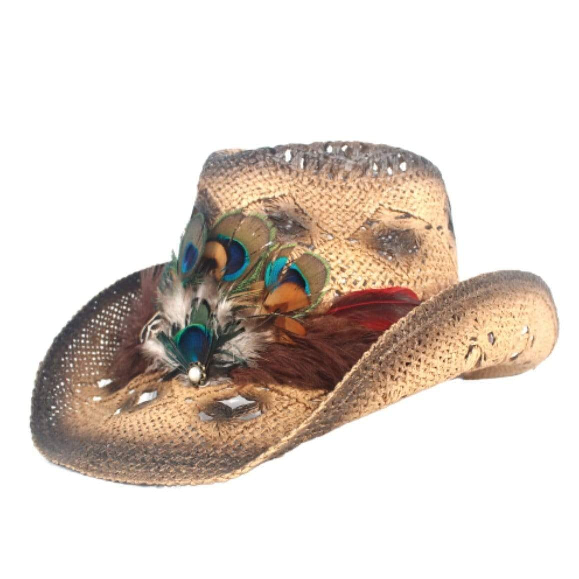 A tan woven cowboy hat with feathers.