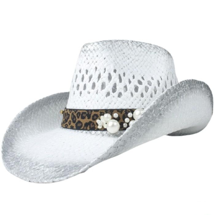 A white cowboy hat with a leopard print band and pearl embellishments.