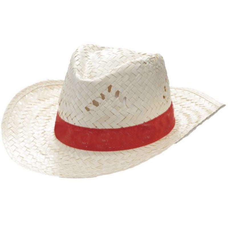A woven straw cowboy hat with a red band.
