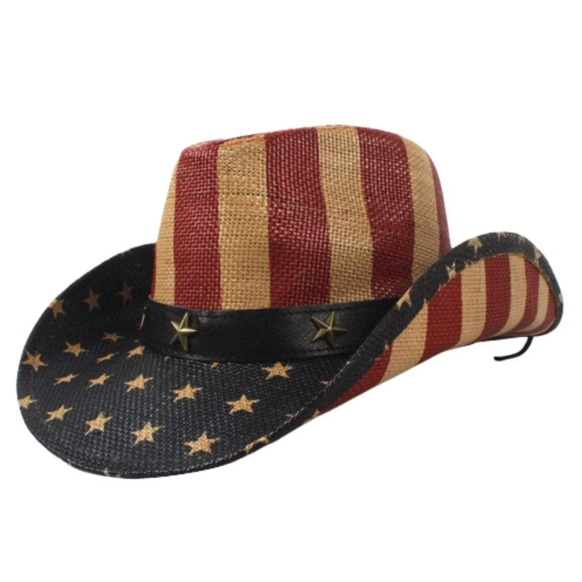 American-flag-themed straw cowboy hat with stars on brim.
