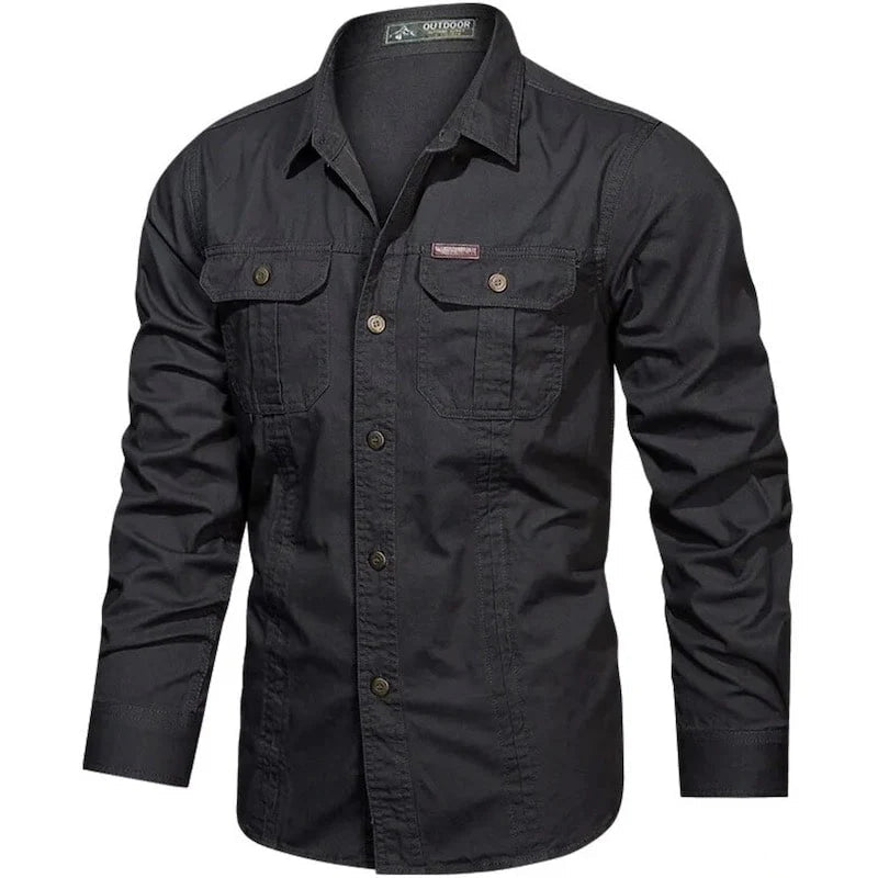 Black, button-down, long-sleeve shirt with chest pockets.