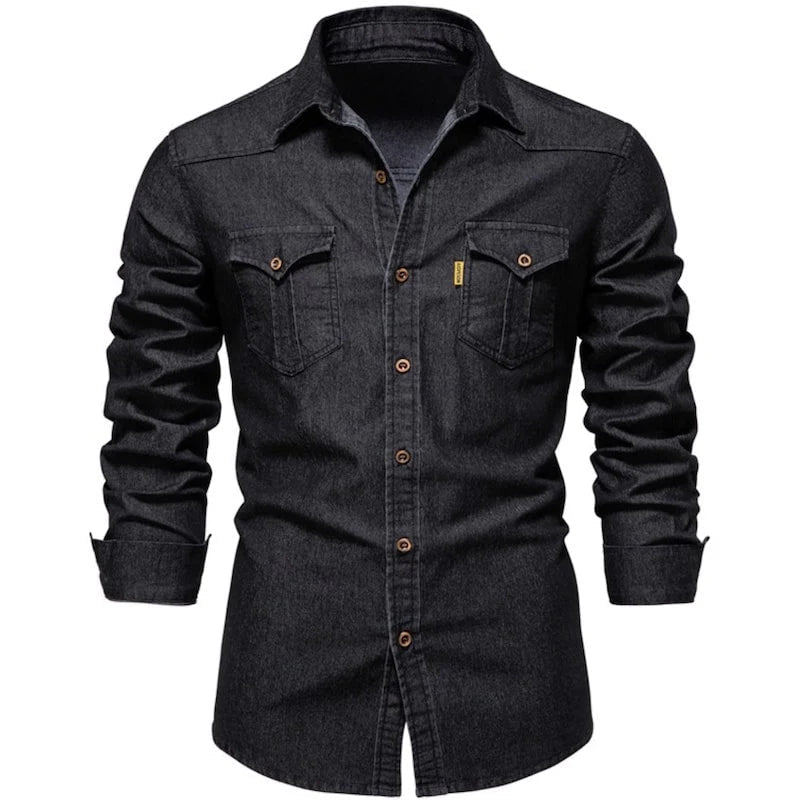 Black denim button-down shirt with pockets.