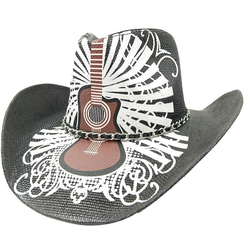 Black cowboy hat with guitar design.