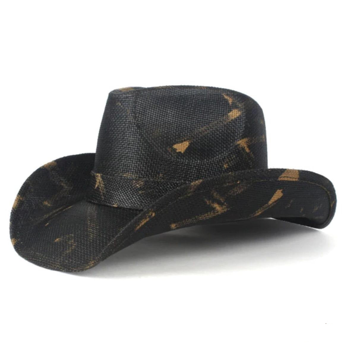 Black straw cowboy hat with brown accents.