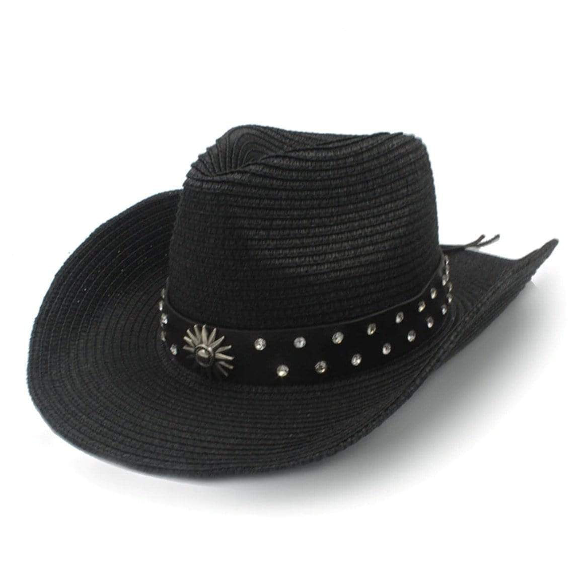 Black straw cowboy hat with rhinestone embellishments.