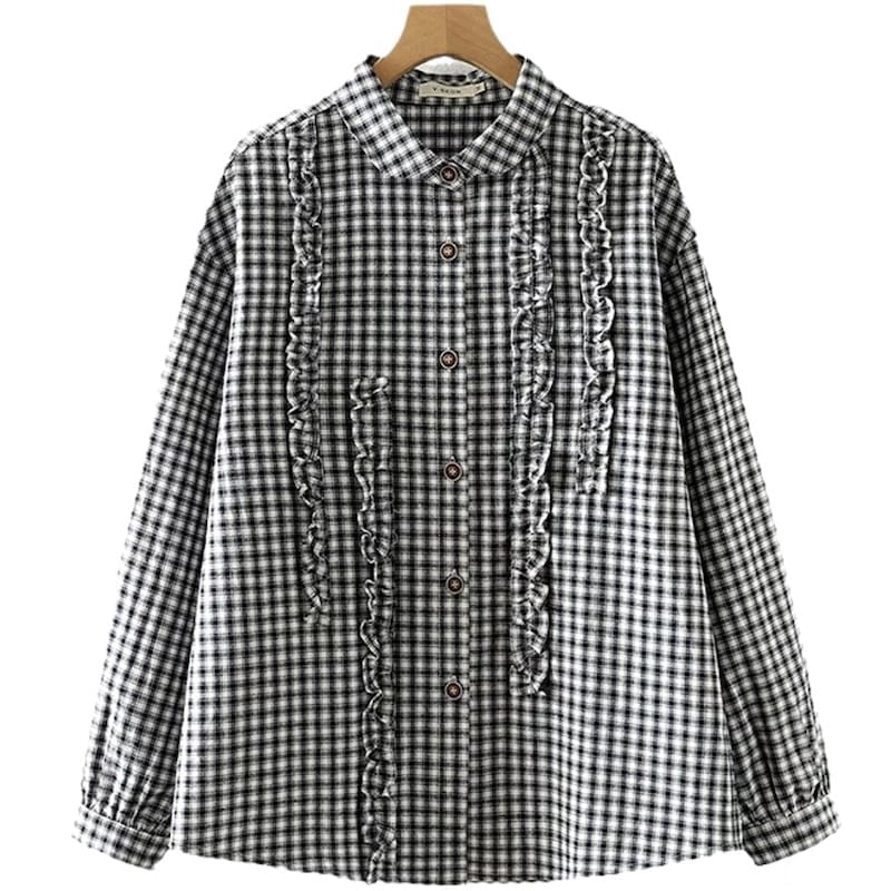 Black-and-white checkered button-up shirt with ruffles.