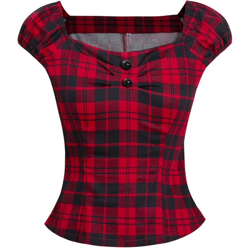 Red and black plaid peplum top with square neckline.