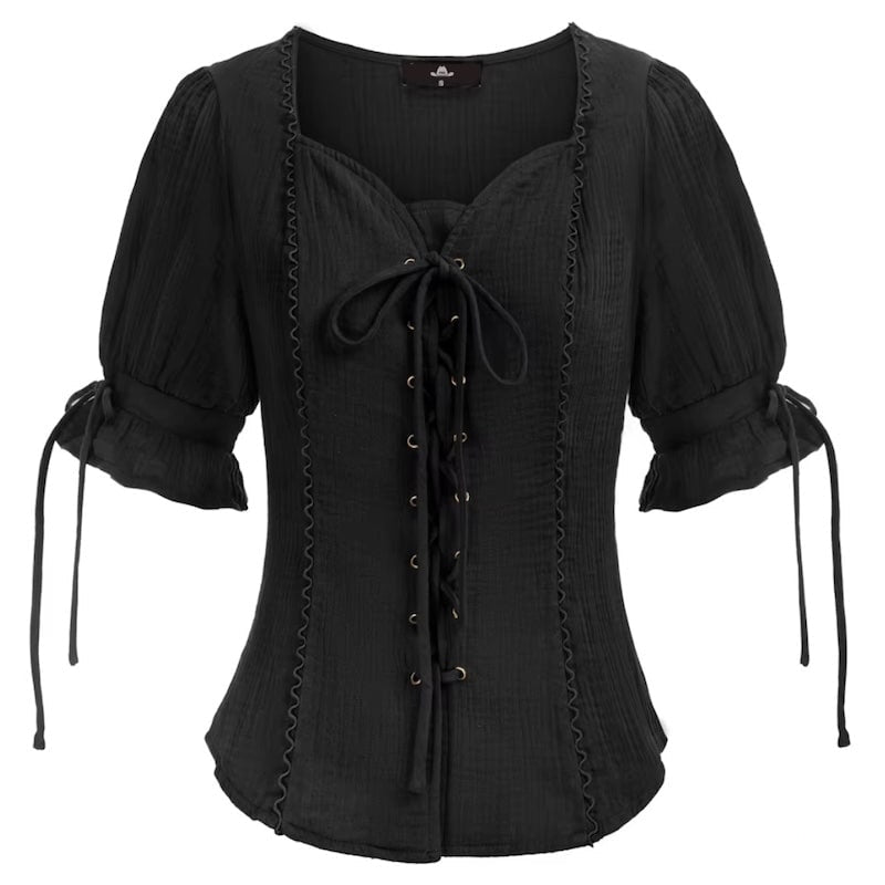 Black textured blouse with short puff sleeves and lace-up detail.
