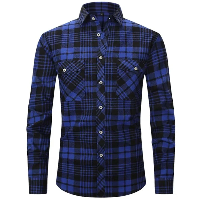 Blue and black plaid, button-down shirt.
