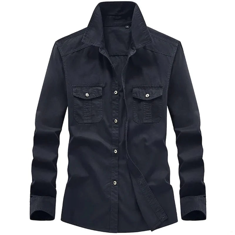 Dark blue, long-sleeved collared shirt with two breast pockets.