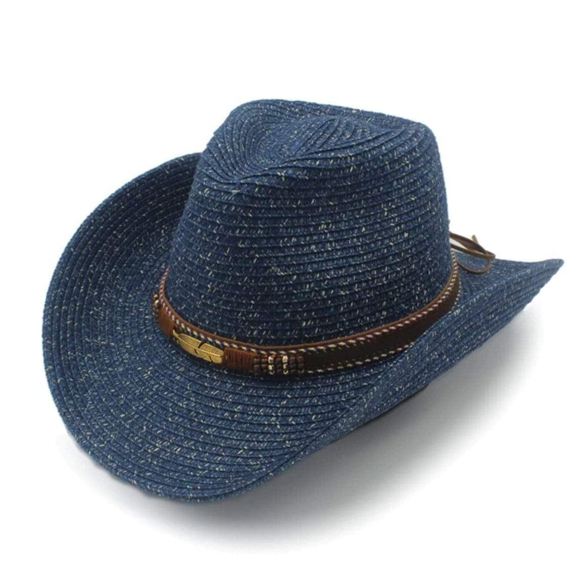 Blue straw cowboy hat with leather band.