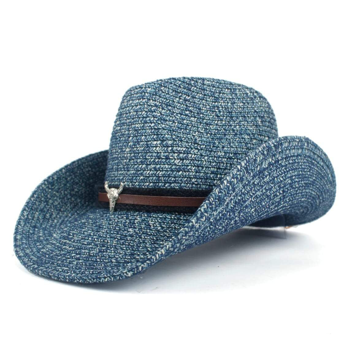 Blue woven cowboy hat with brown band and silver bull skull detail.

