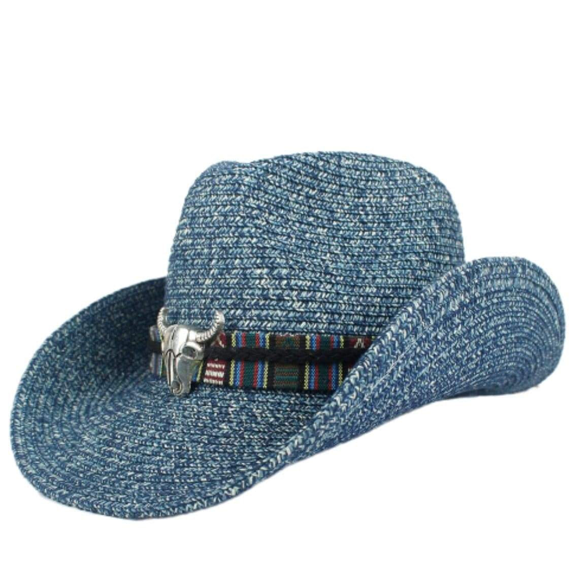 Blue woven cowboy hat with bull skull detail.
