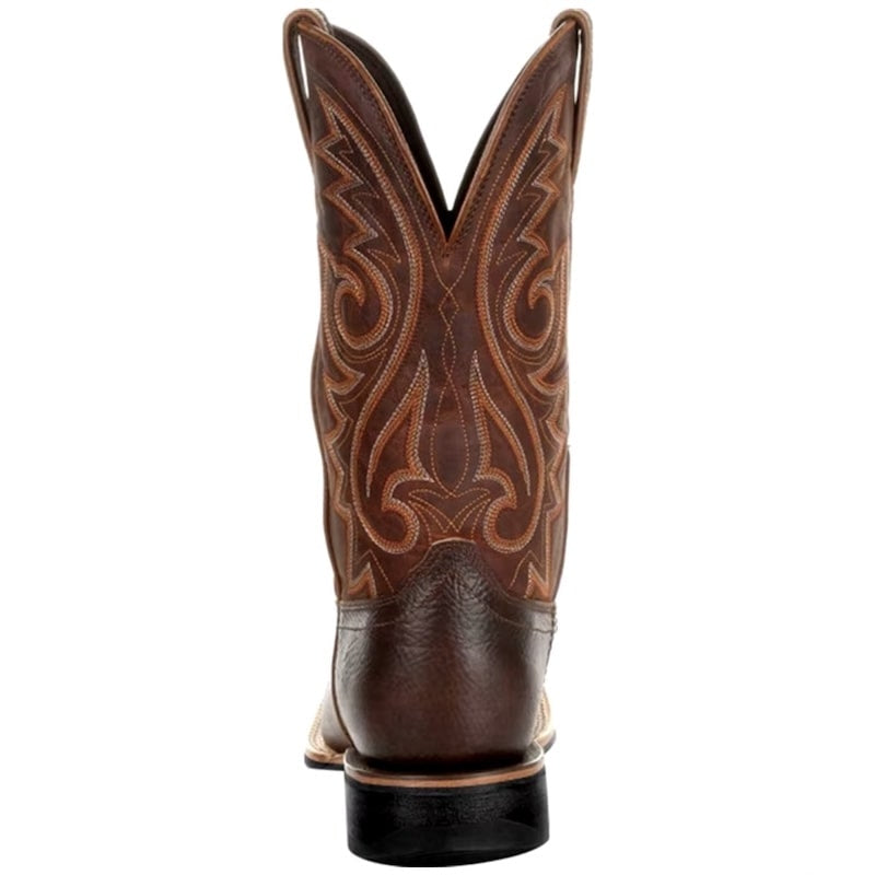 Brown leather cowboy boot with decorative stitching.