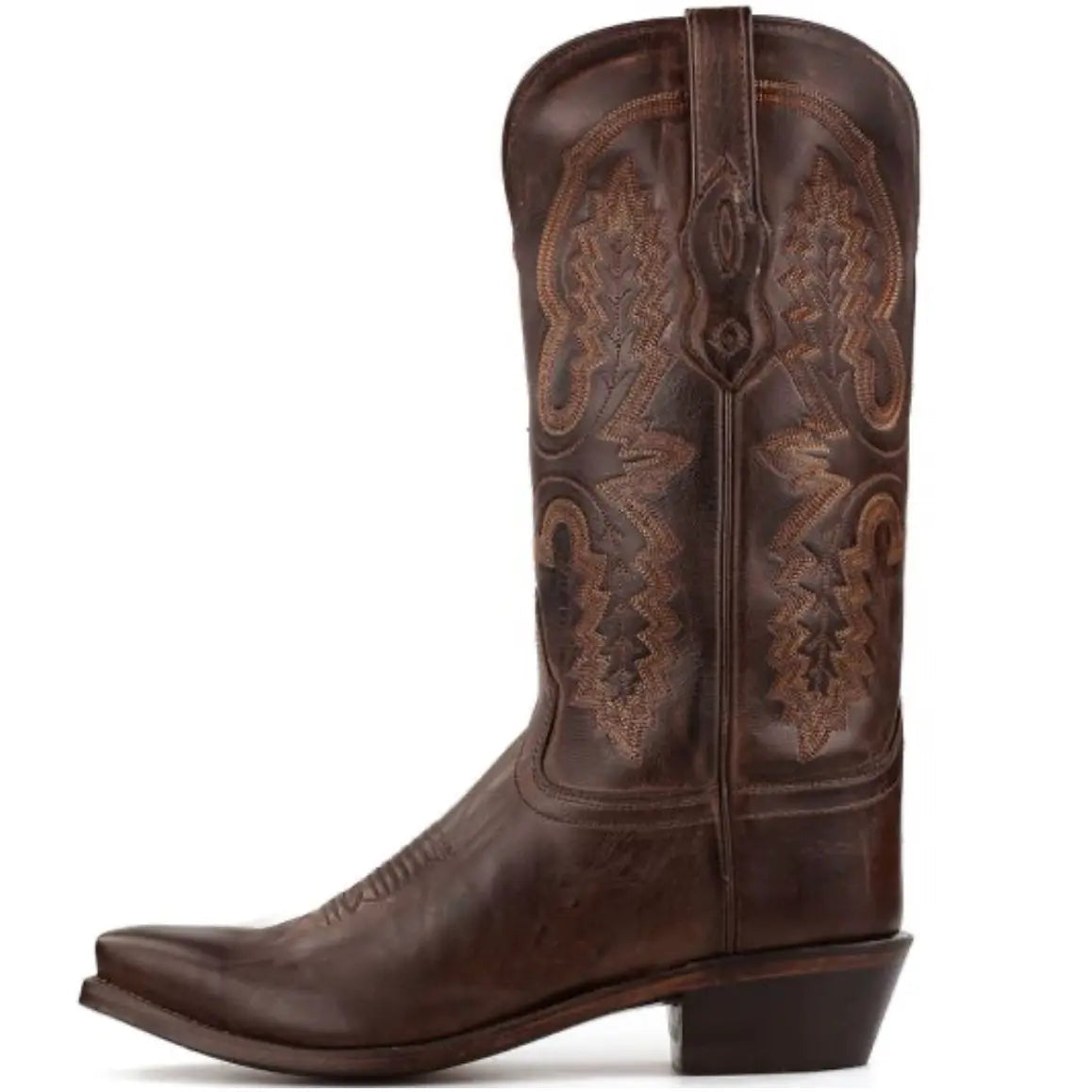 A brown leather cowboy boot with decorative stitching.