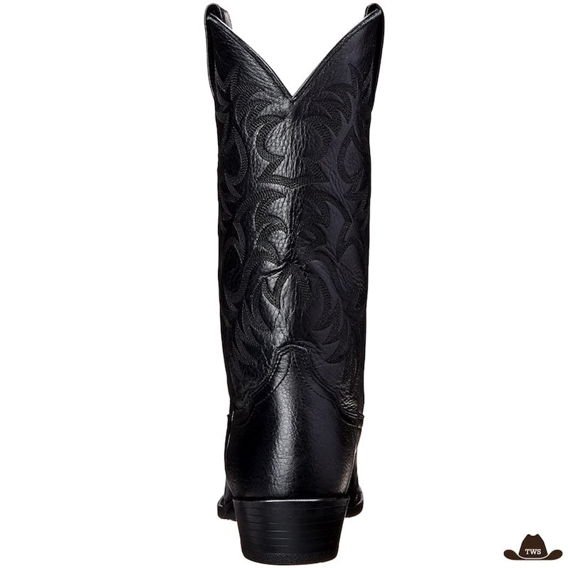 Black leather cowboy boot, rear view.