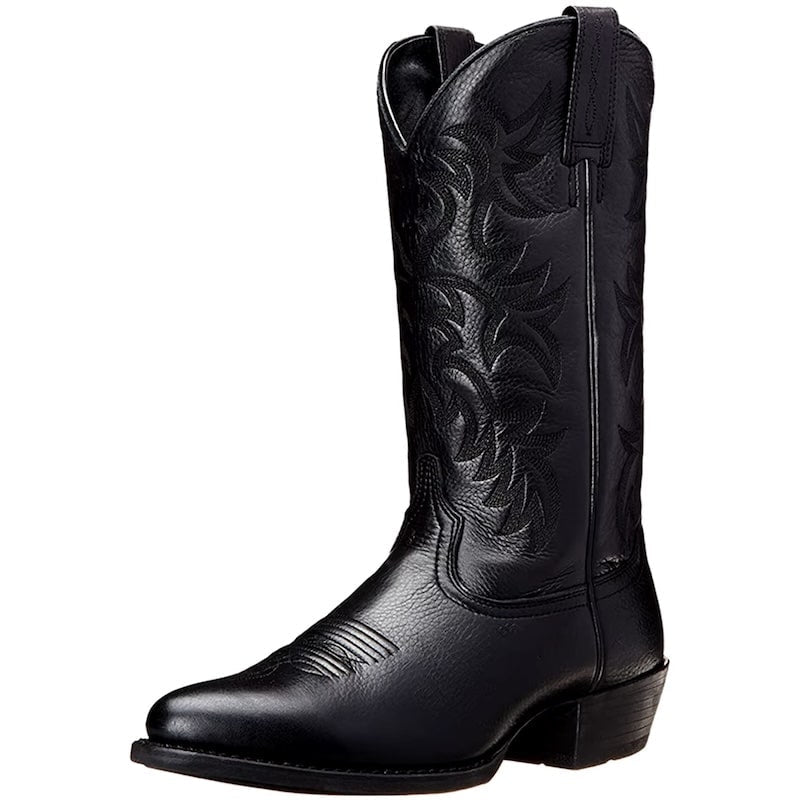 Black leather cowboy boot with detailed stitching.