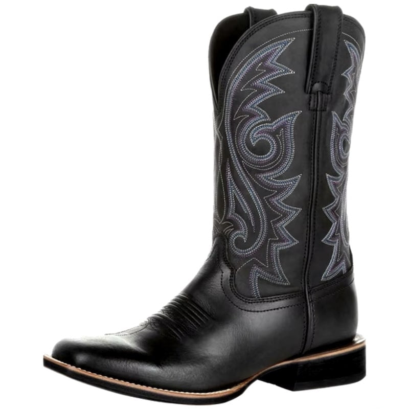 Black leather cowboy boot with decorative stitching.