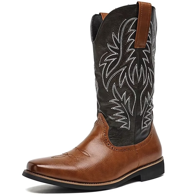 A brown and black cowboy boot with white stitching.