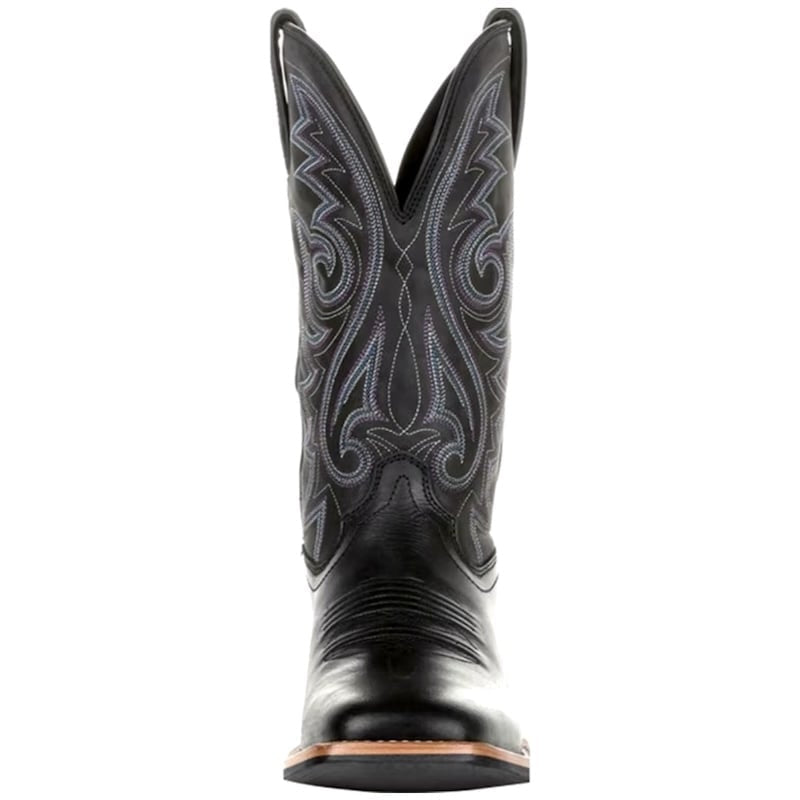 Black cowboy boot with decorative stitching.
