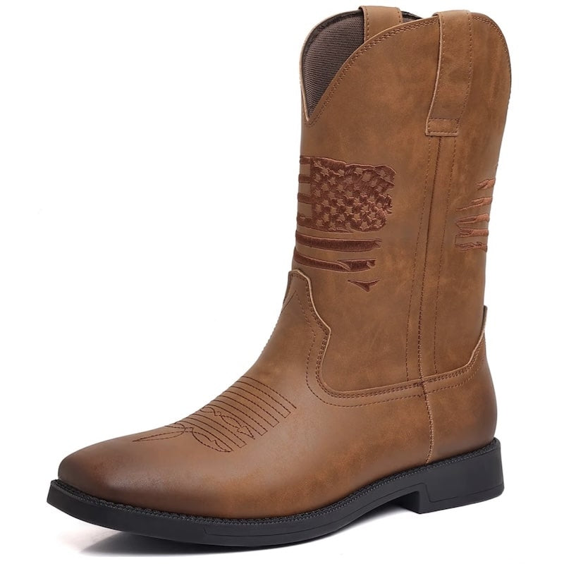 Brown leather cowboy boot with American flag design.
