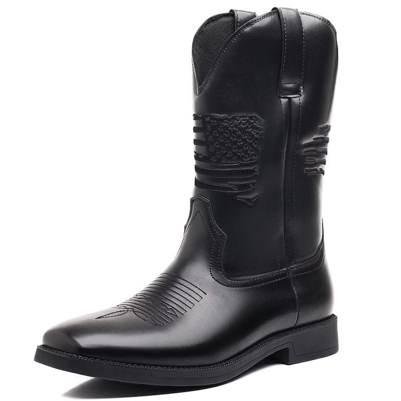 Black leather cowboy boot with American flag design.