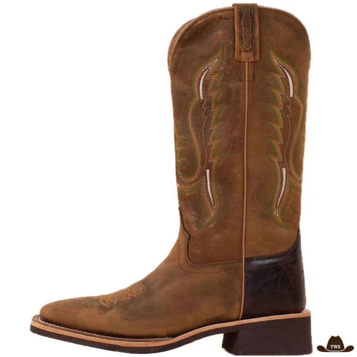 Brown leather cowboy boot with decorative stitching.

