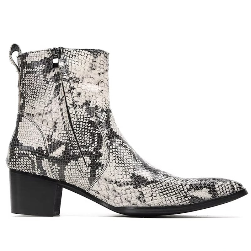 Snakeskin print ankle boot.