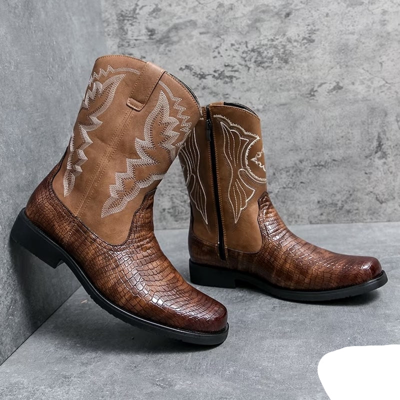 Two brown leather cowboy boots with white embroidery on a gray background.