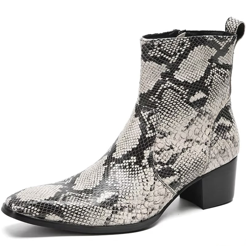 Snakeskin print heeled ankle boot.
