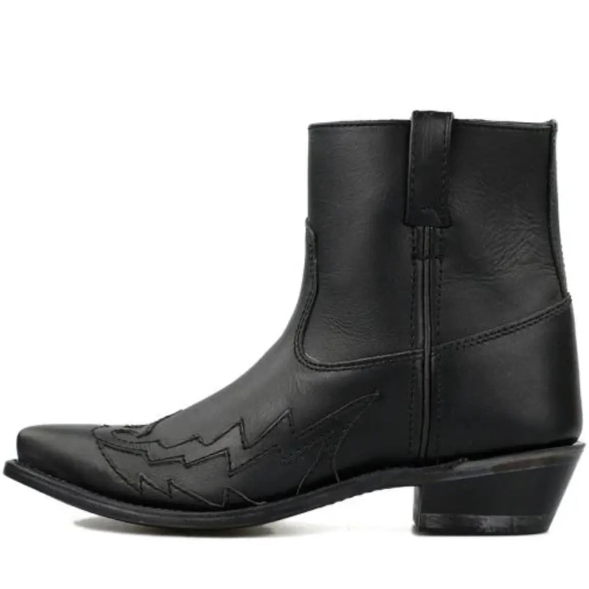 Black leather cowboy ankle boot.