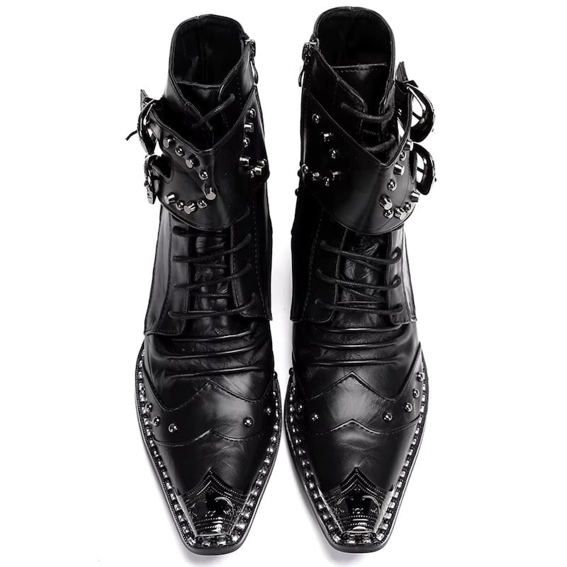 Pair of black leather studded steampunk boots.