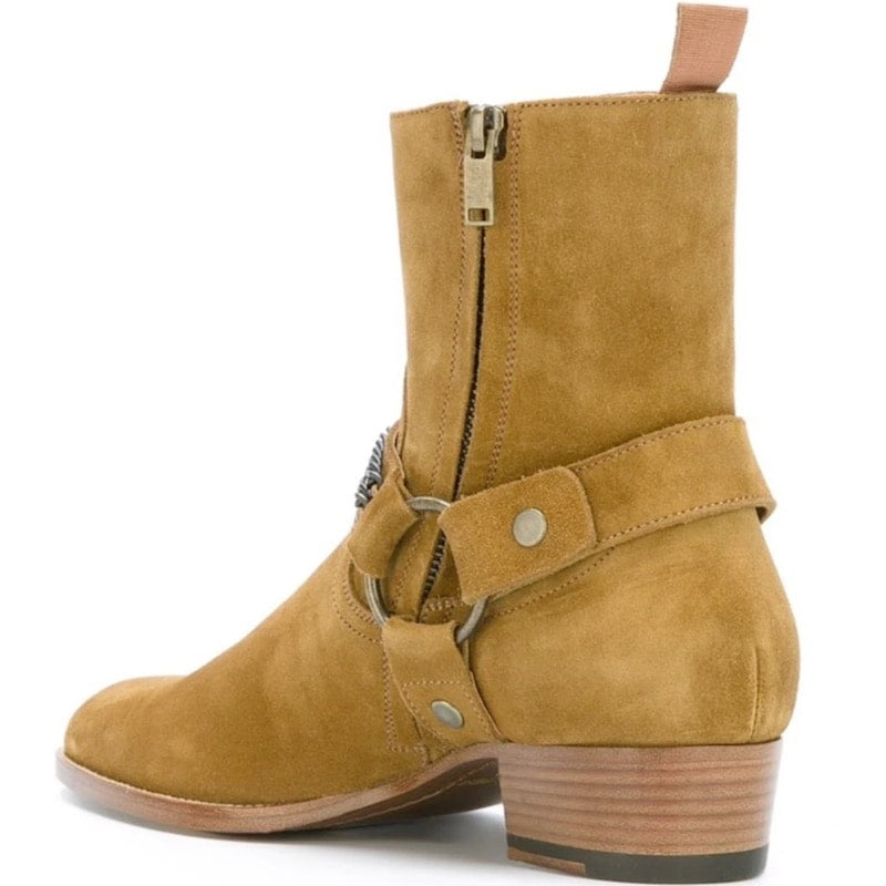 Tan suede harness boot with zipper and loop accents.