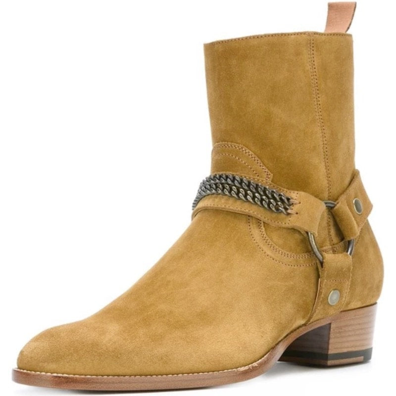 Tan suede ankle boot with chain detail.