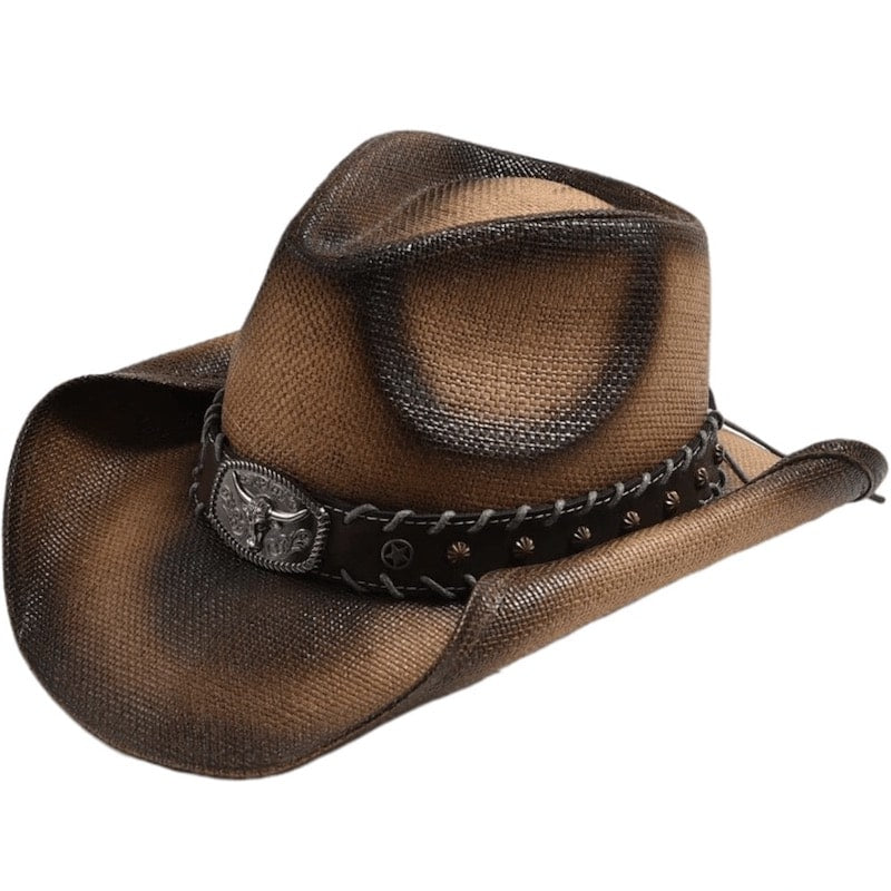 Brown cowboy hat with a leather band and buckle.