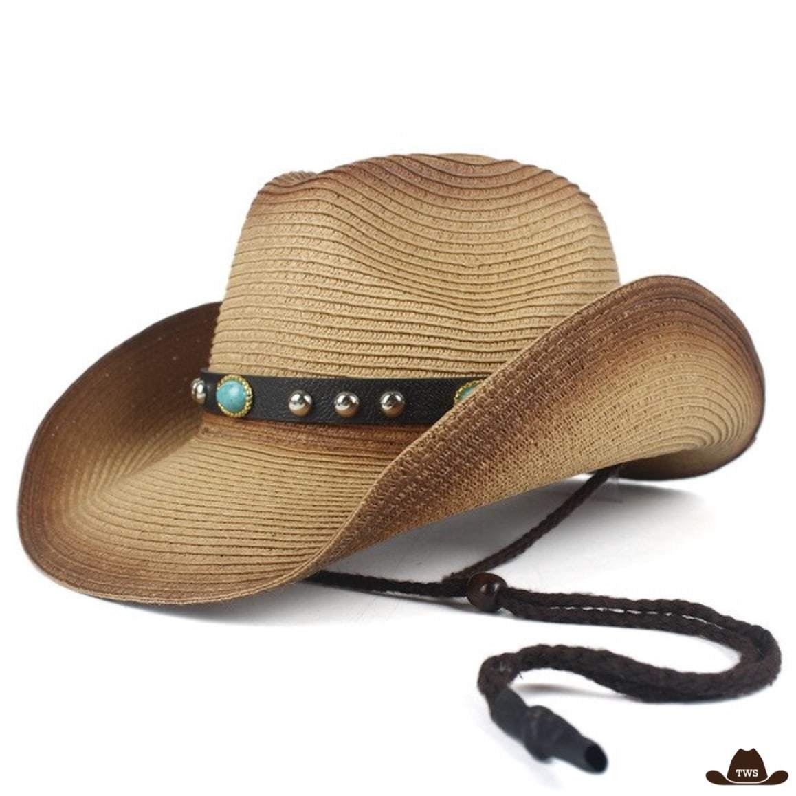 Brown straw cowboy hat with a studded band and turquoise accents.