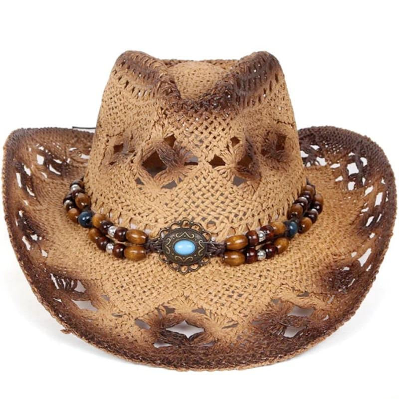 Brown straw cowboy hat with beaded band.
