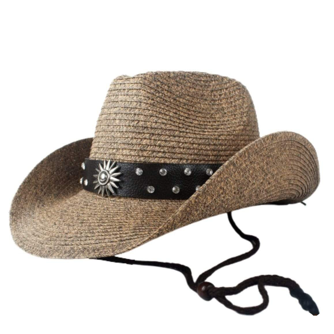 Brown straw cowboy hat with black band and silver accents.