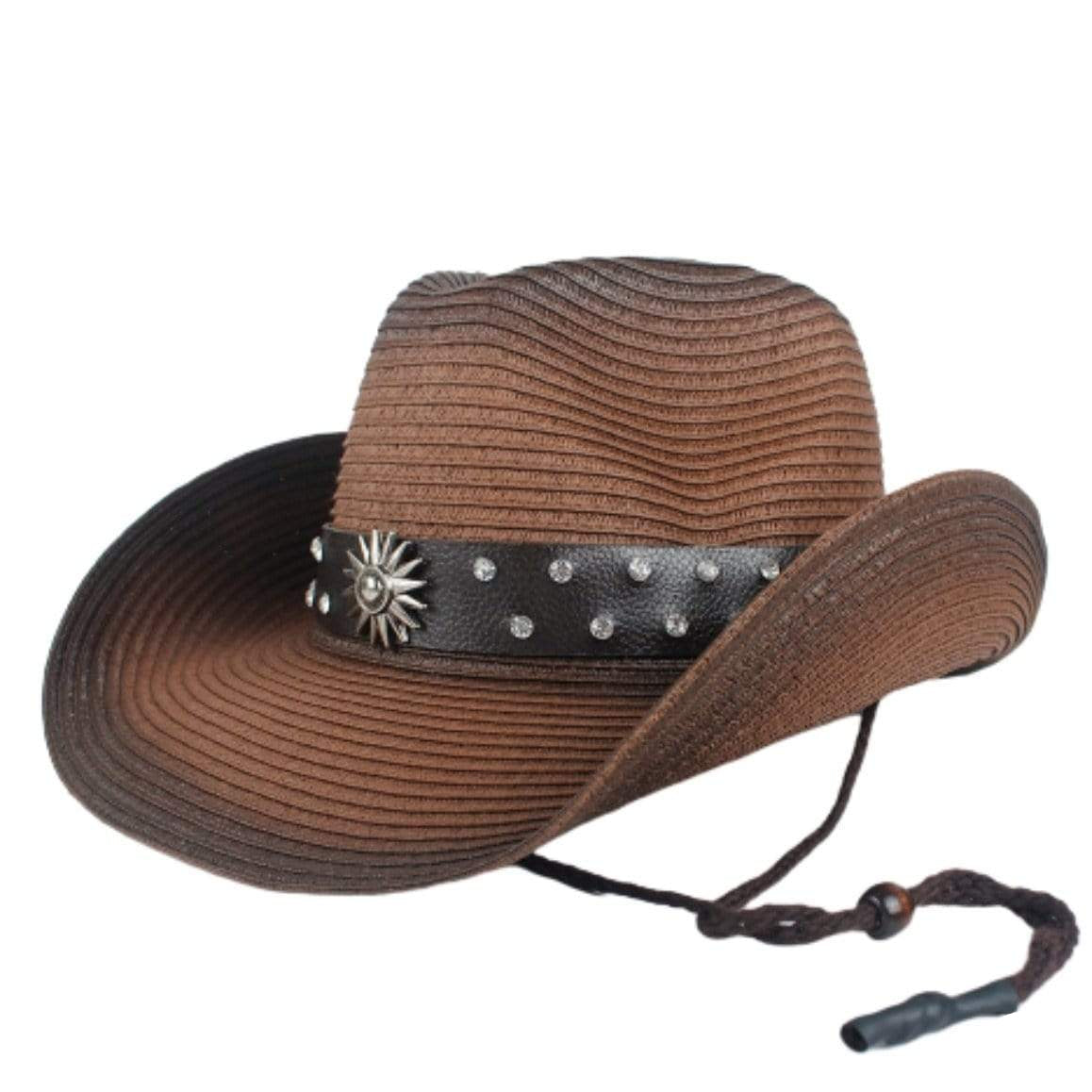 Brown straw cowboy hat with black studded band and chin strap.