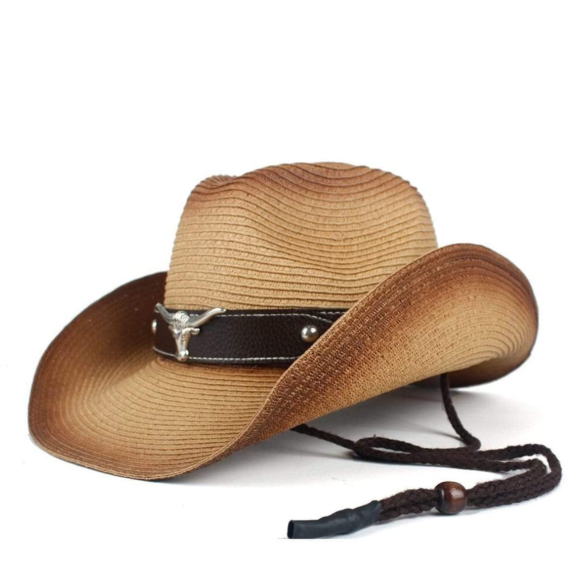 Brown straw cowboy hat with leather band and bull emblem.