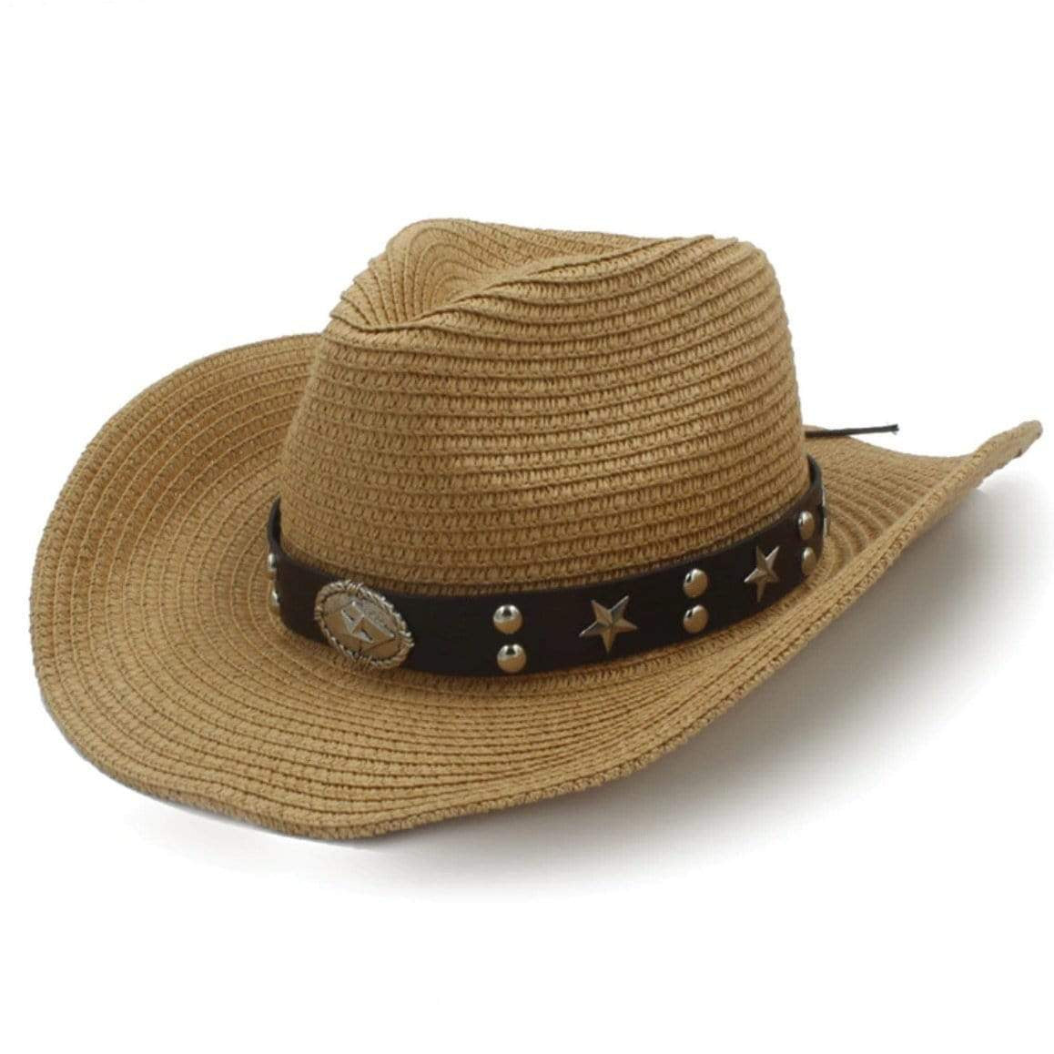 Brown straw cowboy hat with studded black band.