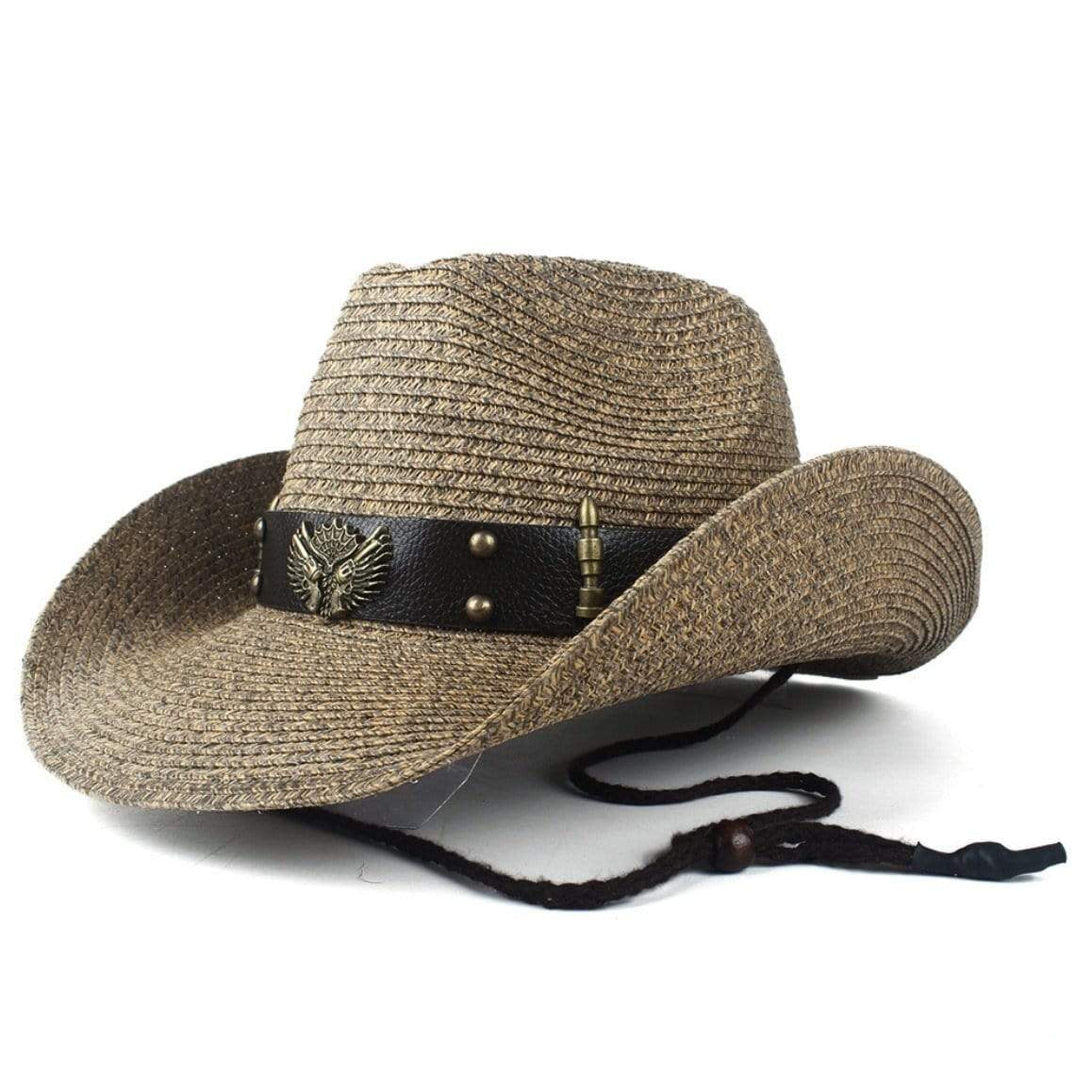 Brown woven cowboy hat with a leather band, metal accents, and a dark brown string.