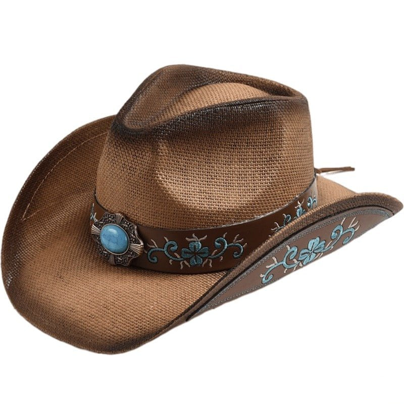 Brown woven cowboy hat with turquoise floral band.
