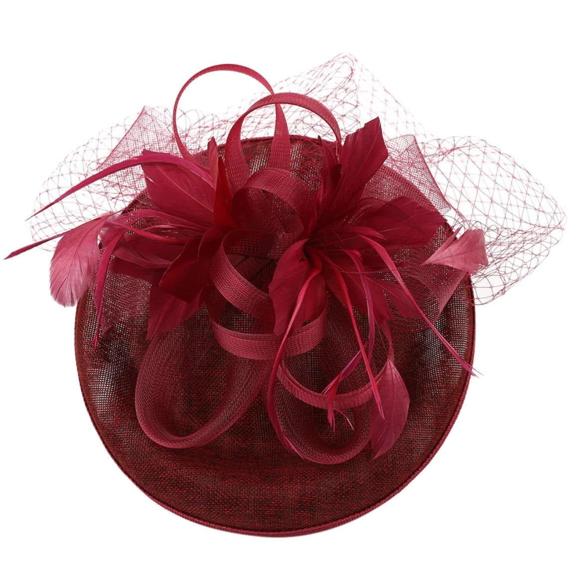 Burgundy fascinator hat with netting and feathers.